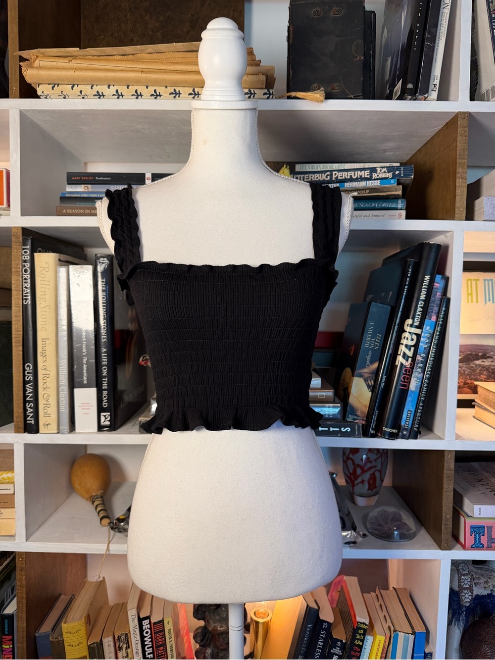 Black Smocked Square-Neck Crop Top - Women